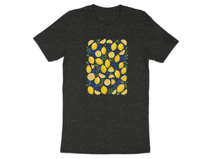 Dark gray t-shirt with a pattern of yellow lemons and green leaves on blue stripes.