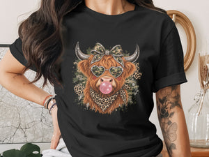 Highland cow with heart sunglasses and camouflage bow blowing bubble gum.