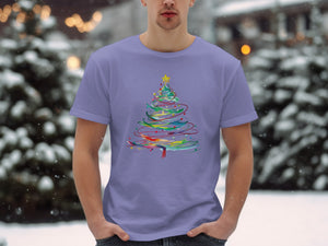 Lavender t-shirt with a colorful abstract Christmas tree graphic.