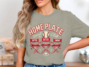 Grey t-shirt with "Home Plate Social Club" and baseball graphic.