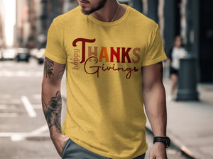Yellow t-shirt with "happy Thanksgiving" text in maroon and gradient colors.