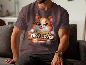Cartoon cat holding a wooden sign that says "Food Lover".