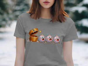 Cute dumplings run from an open bamboo steamer on a gray t-shirt.