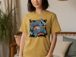 Yellow t-shirt with blue video game controllers and text reading "GAME"