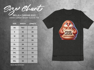 Size chart for BELLA + CANVAS 3001 unisex jersey short sleeve tee.