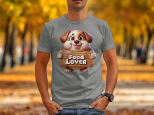 Cartoon dog holding wooden sign that says "Food LOVER".