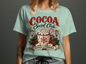 Cocoa Social Club design with mug, candy cane, and text "Winter Gatherings."