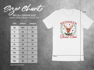 BELLA+CANVAS 3001 unisex tee size chart with width and length measurements in inches.