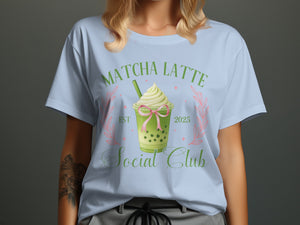 Light blue t-shirt with a "Matcha Latte Social Club" graphic featuring a boba drink.