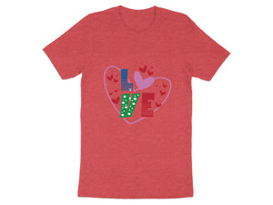 Red t-shirt with "LOVE" design formed by stylized letters and hearts.
