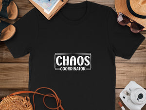 Black t-shirt with "CHAOS COORDINATOR" text in a white box design.