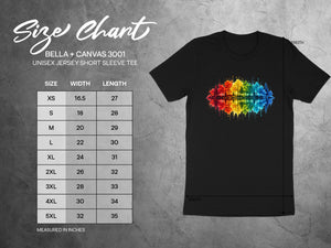 Bella + Canvas 3001 unisex t-shirt size chart with width and length measurements in inches.