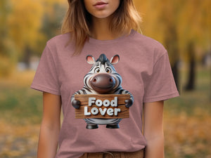 Cartoon zebra holding a wooden sign that says "Food Lover"