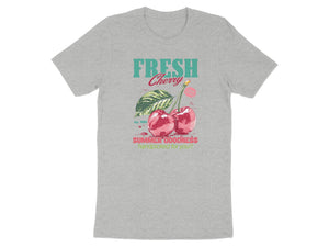 Gray t-shirt with graphic of fresh cherries, leaf, and text.