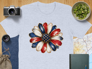 Light grey t-shirt with a red, white, and blue distressed floral design.