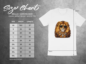 Size chart for Bella + Canvas 3001 unisex short sleeve tee, measured in inches.