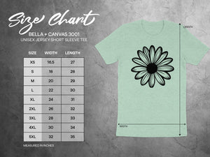 BELLA + CANVAS 3001 unisex tee size chart with width and length in inches.