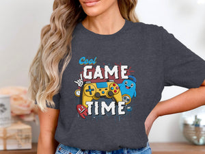 Graphic tee with "Cool Game Time" text, video game controller, and cartoon characters.
