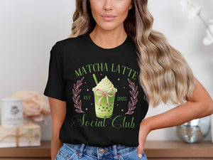 Black t-shirt with Matcha Latte Social Club graphic featuring a drink, Est 2025, and floral accents.