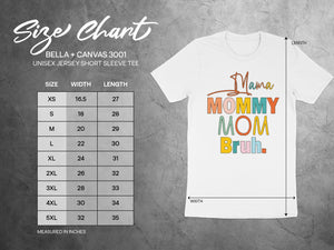 Bella + Canvas 3001 size chart for unisex short sleeve tees with width and length measurements.