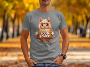Gray t-shirt displays a cartoon llama holding a wooden sign that says "FOOD LOVER."