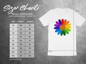 BELLA + CANVAS 3001 unisex short sleeve tee size chart with measurements in inches.