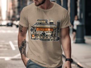 T-shirt graphic of a ramen shop with Ichiraku in Japanese and English text.
