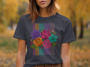Dark grey t-shirt with colorful yarn