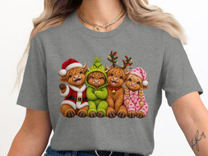 Four Highland cows in Christmas outfits: Santa, Grinch, reindeer, and pink pajamas.