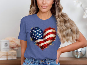 Blue t-shirt with a distressed American flag heart graphic and white hearts.