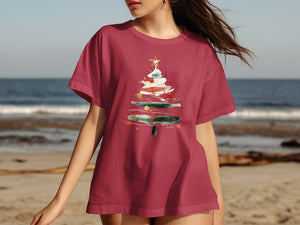 Red t-shirt with abstract watercolor Christmas tree print.