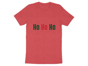 Red t-shirt with "HO HO HO" text in green and red.