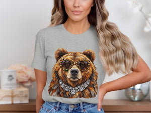 Graphic tee with a grizzly bear wearing leopard print sunglasses and a diamond necklace.