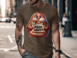 Cartoon walrus holding a "Food Lover" sign on a brown t-shirt.