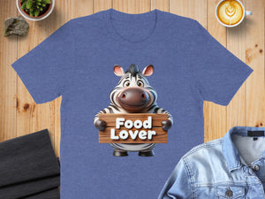 Cartoon zebra holding a wooden sign that says "Food Lover".