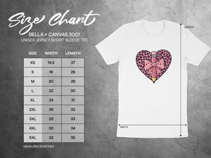 BELLA + CANVAS 3001 unisex jersey short sleeve tee size chart with measurements in inches.