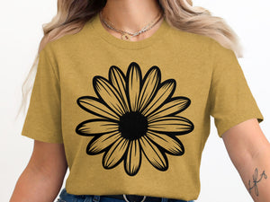 Mustard yellow t-shirt with a black outlined daisy graphic on the front.