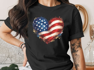 Black t-shirt with a watercolor American flag heart graphic.