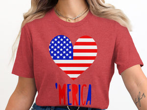 Red t-shirt with American flag heart graphic and 'MERICA text