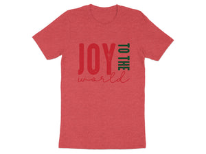 Red t-shirt with "JOY TO THE WORLD" text in red and green.