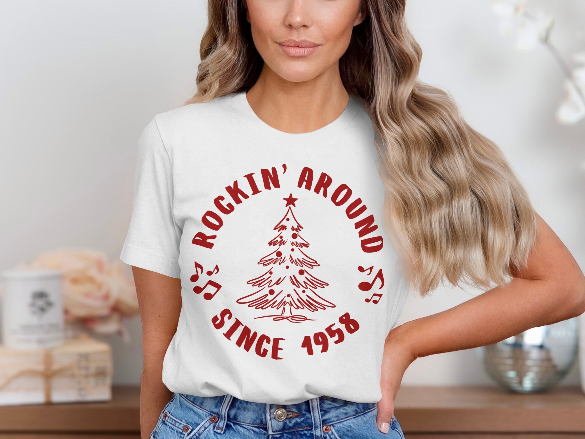 White t-shirt with red graphic "Rockin' Around Since 1958" and Christmas tree.