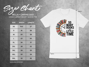 BELLA+CANVAS 3001 unisex jersey tee size chart with width and length measurements.