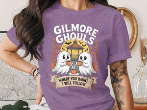 Purple t-shirt with "Gilmore Ghouls Where You Haunt, I Will Follow" and two ghosts.