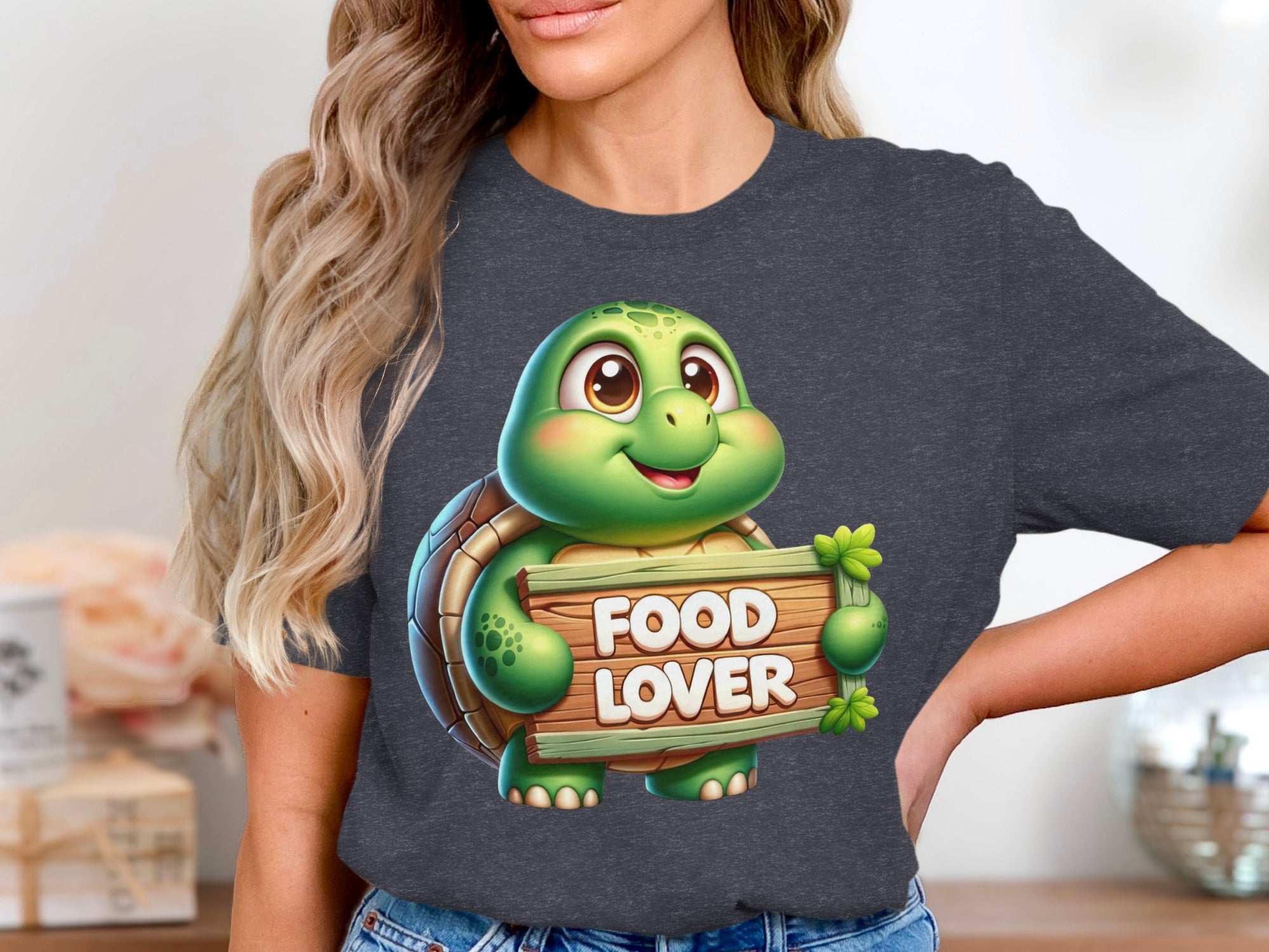 Cartoon turtle holds a wooden sign that reads "FOOD LOVER".