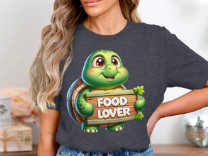 Cartoon turtle holds a wooden sign that reads "FOOD LOVER".