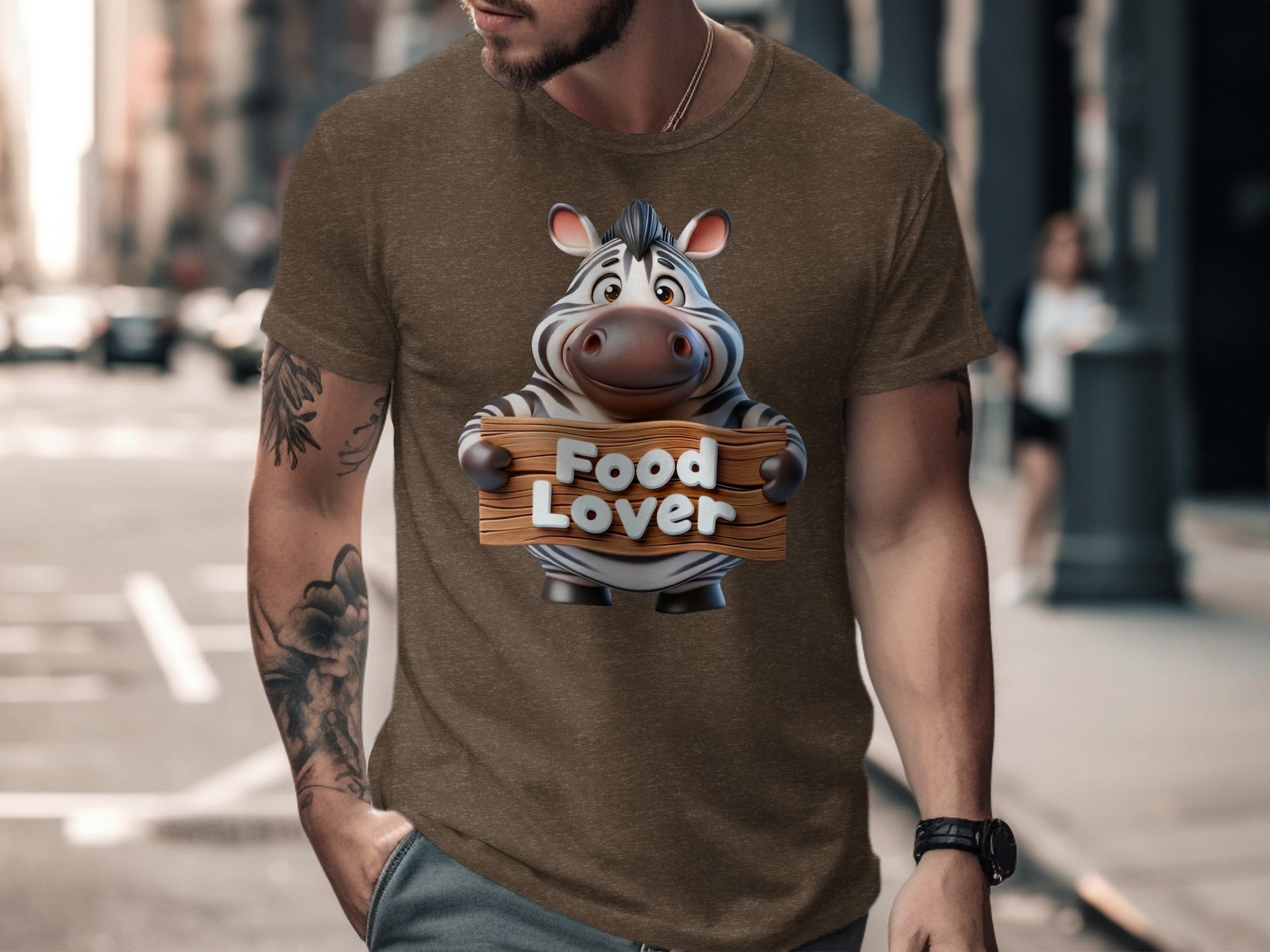 Brown t-shirt with cartoon zebra holding a wooden sign that reads "Food Lover".