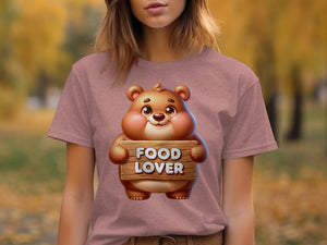 Cartoon bear holding wooden sign that says "FOOD LOVER"