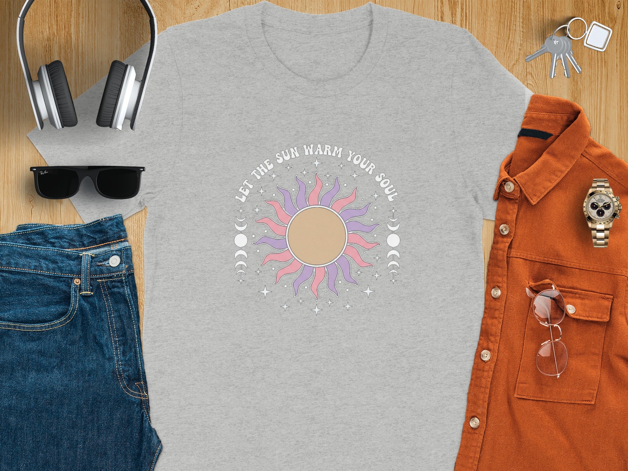 Grey t-shirt with "Let the sun warm your soul" sun graphic and moon phases.