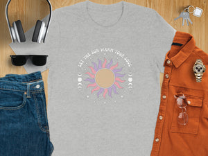 Grey t-shirt with "Let the sun warm your soul" sun graphic and moon phases.