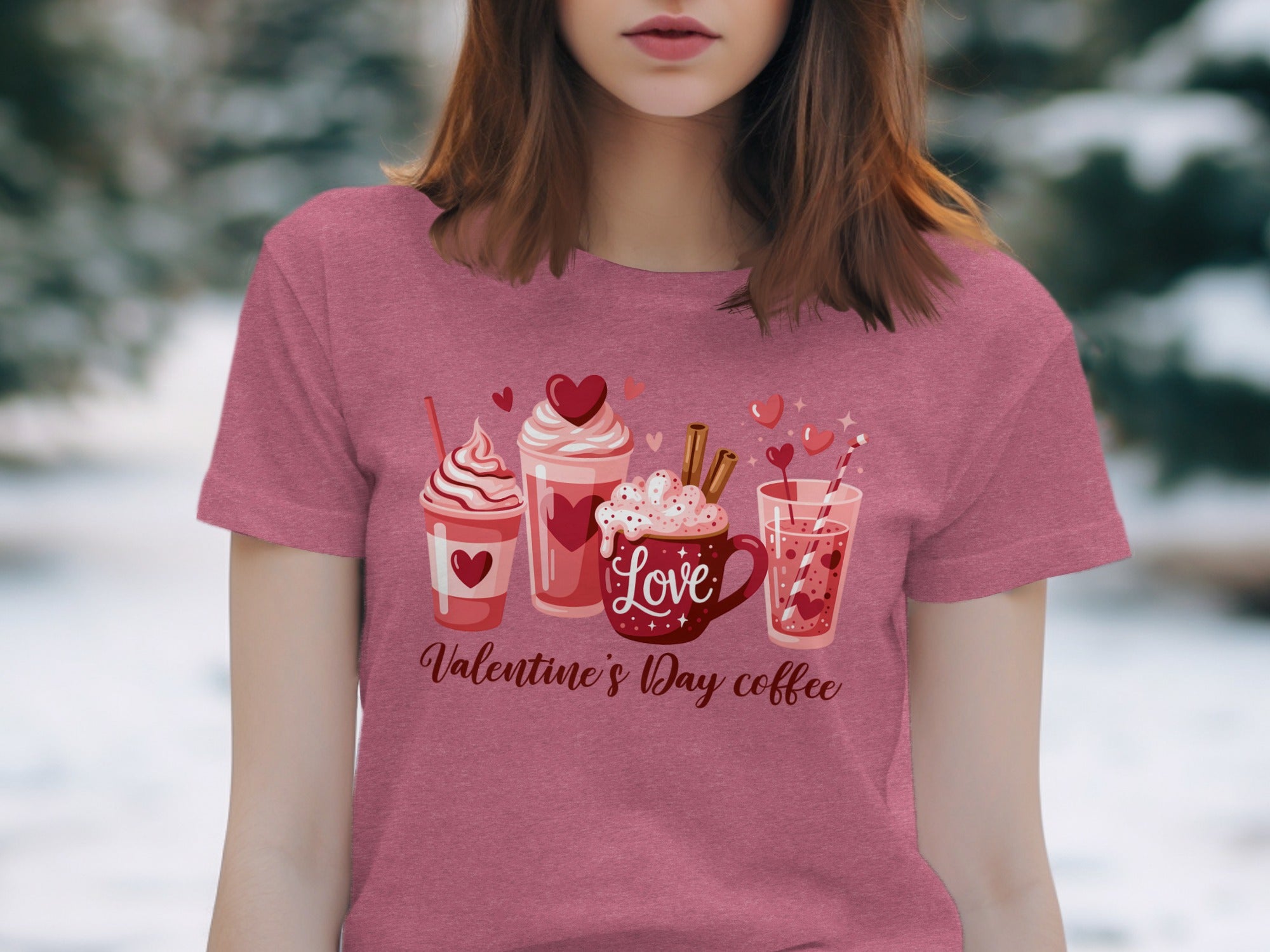 Valentine's Day coffee design with frothy drinks, hearts, and "Love" text.